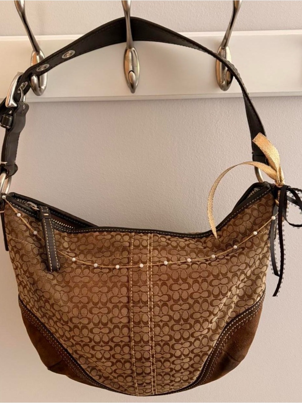 Vintage Coach Brown Signature Jacquard Hobo Bag (2007)